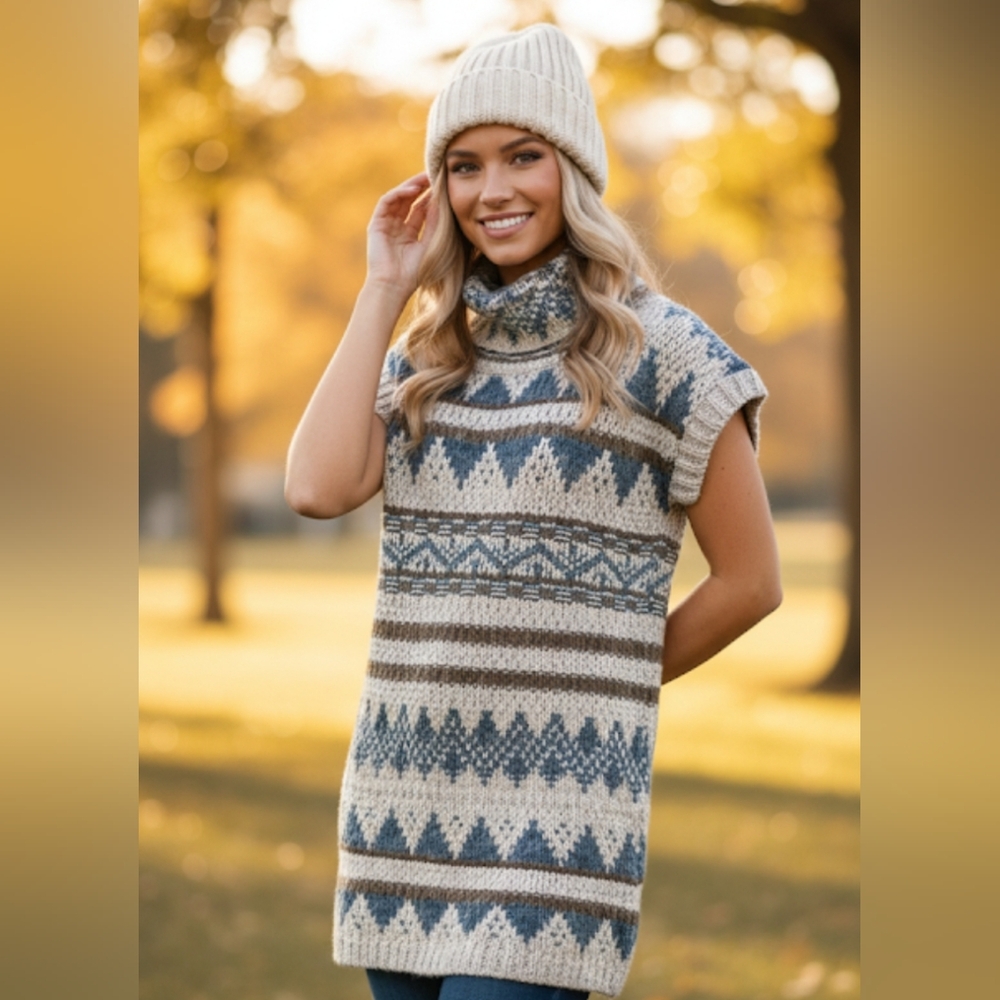 TRF Knitwear Women Fair Isle Turtleneck Sleeveless‎ Sweater Vest Brown Blue 327